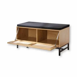 Banc de rangement en bois et rotin