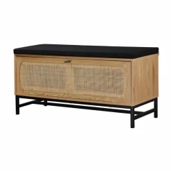 Banc de rangement en bois et rotin