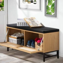 Banc de rangement en bois et rotin