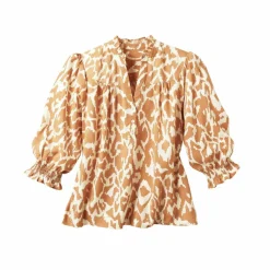 Blouse bicolore col tunisien, manches coudes smockées
