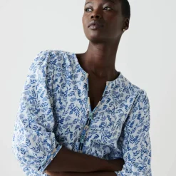 Blouse brodée en coton imprimée, manches 3/4