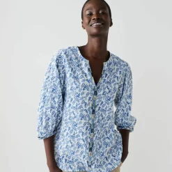 Blouse brodée en coton imprimée, manches 3/4