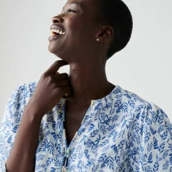 Blouse brodée en coton imprimée, manches 3/4