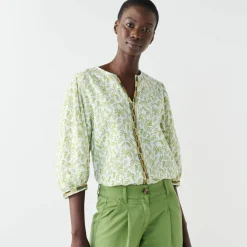 Blouse brodée en coton imprimée, manches 3/4