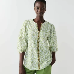 Blouse brodée en coton imprimée, manches 3/4