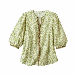 Blouse brodée en coton imprimée, manches 3/4