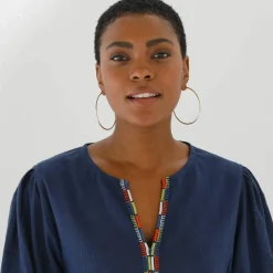 Blouse brodée en coton unie, manches 3/4