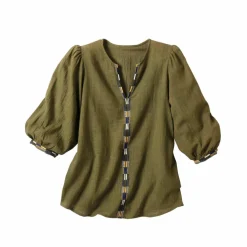 Blouse brodée en coton unie, manches 3/4