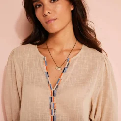 Blouse brodée en coton unie, manches 3/4