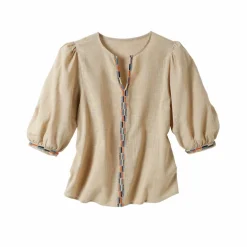 Blouse brodée en coton unie, manches 3/4