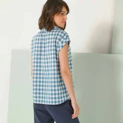 Blouse à carreaux, manches courtes à revers