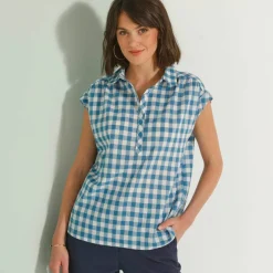 Blouse à carreaux, manches courtes à revers