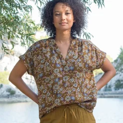 Blouse col tunisien imprimée en double gaze de coton