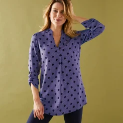 Blouse col tunisien imprimé pois, crêpe