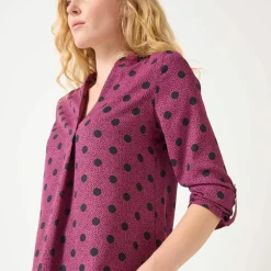 Blouse col tunisien imprimé pois, crêpe