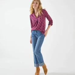 Blouse col tunisien imprimé pois, crêpe