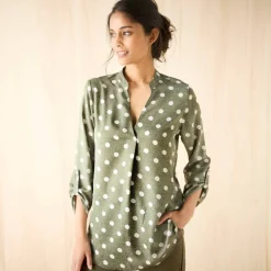 Blouse col tunisien imprimé pois, crêpe