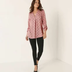 Blouse col tunisien imprimé pois, crêpe