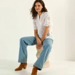 Blouse col tunisien manches courtes, broderie anglaise