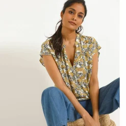 Blouse col tunisien sans manches, crépon