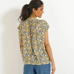 Blouse col tunisien sans manches, crépon