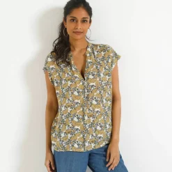 Blouse col tunisien sans manches, crépon