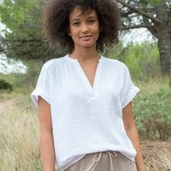 Blouse col tunisien unie en double gaze de coton