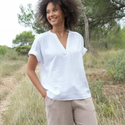Blouse col tunisien unie en double gaze de coton
