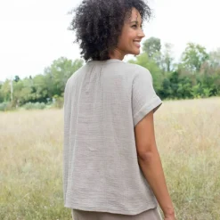 Blouse col tunisien unie en double gaze de coton