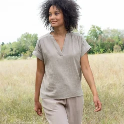 Blouse col tunisien unie en double gaze de coton