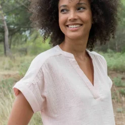 Blouse col tunisien unie en double gaze de coton