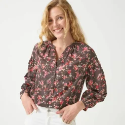 Blouse en coton imprimée fleurs, manches 7/8