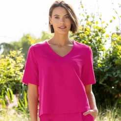 Blouse fluide col V manches courtes, unie