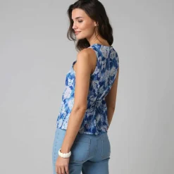 Blouse à godets imprimé fleuri, sans manches