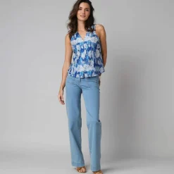 Blouse à godets imprimé fleuri, sans manches