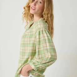 Blouse imprimée carreaux flanelle, manches 7/8