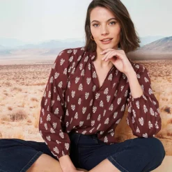 Blouse imprimée col montant, manches blousantes