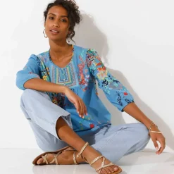 Blouse imprimée fleurs, détails brodés