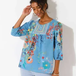 Blouse imprimée fleurs, détails brodés