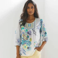 Blouse imprimée fleurs, détails brodés