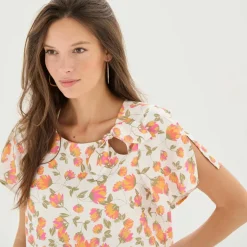 Blouse imprimée fleurs, noeud fantaisie