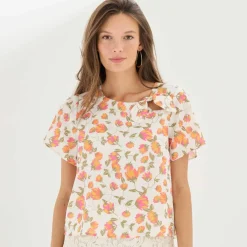 Blouse imprimée fleurs, noeud fantaisie