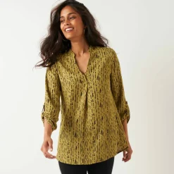 Blouse imprimé graphique col tunisien, crêpe