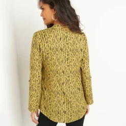 Blouse imprimé graphique col tunisien, crêpe