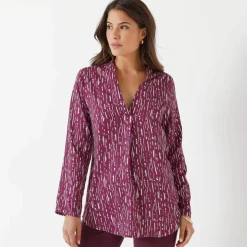 Blouse imprimé graphique col tunisien, crêpe