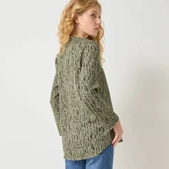 Blouse imprimé graphique col tunisien, crêpe