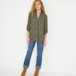 Blouse imprimé graphique col tunisien, crêpe
