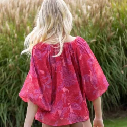 Blouse élastiquée manches blousantes, mousseline imprimé fleuri