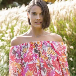 Blouse élastiquée manches blousantes, mousseline multicolore