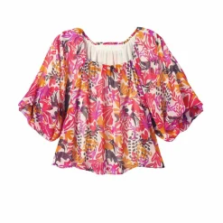 Blouse élastiquée manches blousantes, mousseline multicolore